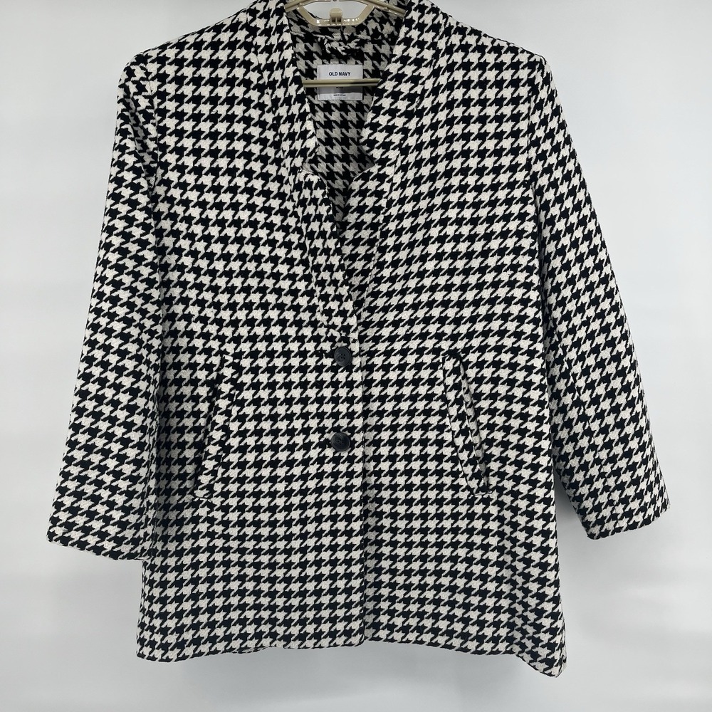 Old Navy Coat Size Large Petite Black Ivory Houndstooth Academia Preppy Classic